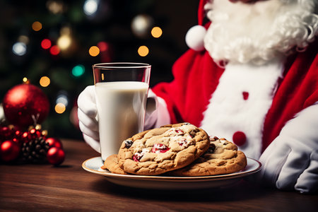 Santa Claus hand takes glass of milk. Snacks and glass of milk for Santa under Christmas tree. Golden lights in background. horizontal photoの素材