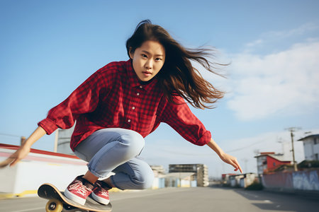 A beautiful Asian girl in jeans, sneakers and a shirt rides down the street on a skateboard. horizontal photoの素材