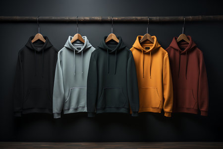 Several hoodies of different colors hang on a hanger on a dark background. Athleisure style. horizontal photoの素材