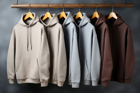 Several hoodies of different colors hang on a hanger on a dark background. Athleisure style. horizontal photoの素材
