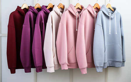 Several hoodies of different light pastel tones and colors hang on a hanger on a white background. Athleisure style. horizontal photoの素材