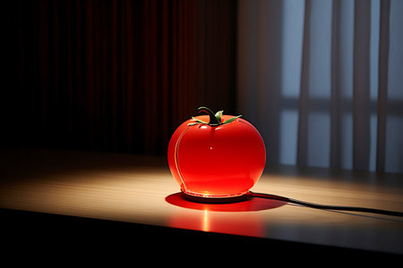 A night light in the shape of a tomato stands on a table in a dark room, illuminated by a beam of light. horizontal photoの素材