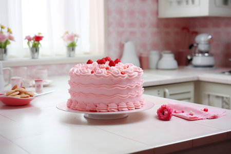 A fake pink cake on a stand sits on a white kitchen table. The concept of decorating the interior with food-like objectsの素材