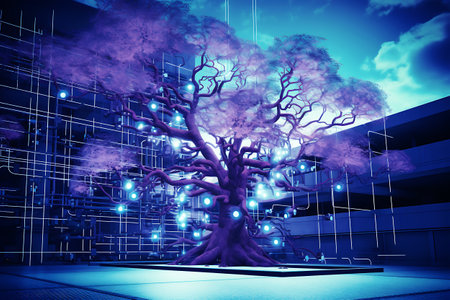 Digital tree with glowing connection lines in branches. Technology environment. Internet communication and information storage concept. horizontal photoの素材