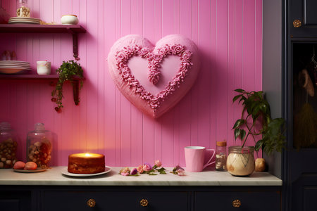 Fake pink heart shaped cake hanging on the wall. horizontal photoの素材