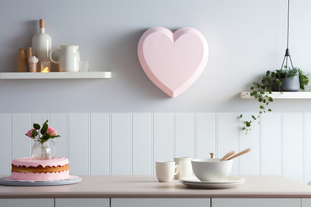 Heart-shaped decor hangs on the wall in a light kitchen. horizontal photoの素材