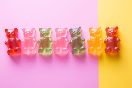 Multi-colored gummy cbd bears on a pink and yellow background. View from above. horizontal photoの素材