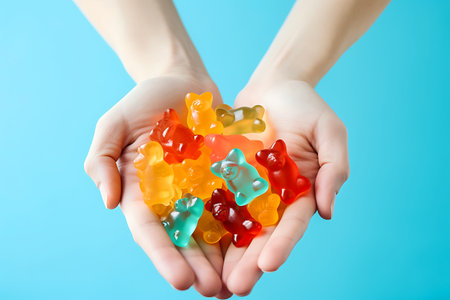 Female hands holding a handful of Multi-colored cbd gummy bears on a blue background. View from above. horizontal photoの素材