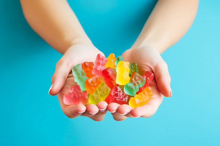 Female hands holding a handful of Multi-colored cbd gummy bears on a blue background. View from above. horizontal photoの素材