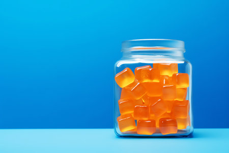 Orange chewy gummy candies with turmeric extract in a glass jar on a blue background. horizontal photoの素材