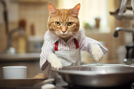A red cat in an apron washes dishes in a home kitchen. Horizontal illustrationの素材