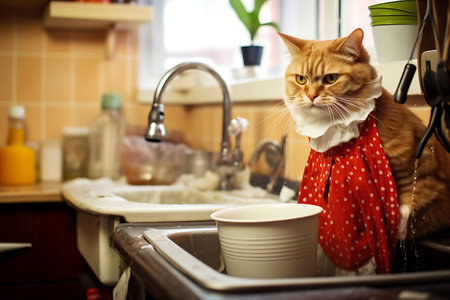 Angry red cat in an apron washes dishes in a home kitchen. Horizontal illustrationの素材