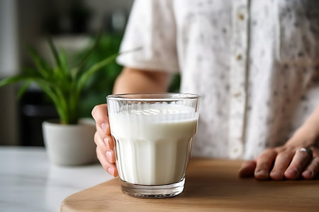 A man stands in the kitchen with a glass of oat milk. Vegetarianism and Veganuary concept. horizontal photoの素材
