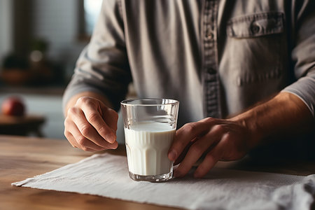 A man stands in the kitchen with a glass of oat milk. Vegetarianism and Veganuary concept. horizontal photoの素材