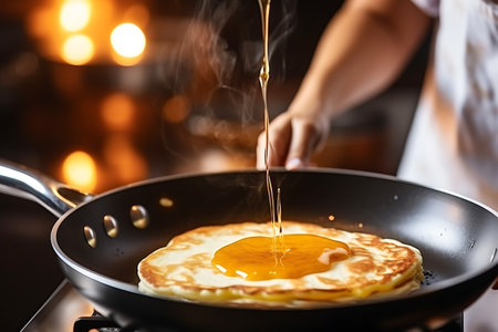 A woman fries vegetarian pancakes in a frying pan and adds maple syrup. Vegetarianism and Veganuary concept. horizontal photoの素材
