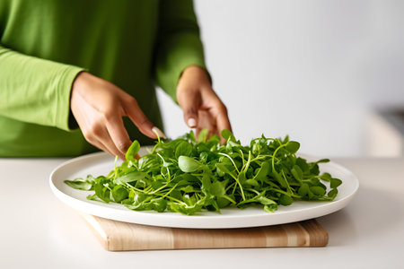 A plate of greens on a white table in front of a young African American woman. Vegetarianism and Veganuary concept. horizontal photoの素材