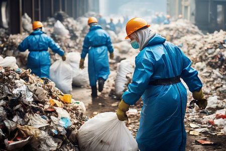 Workers in protective uniforms and masks remove accumulated garbage. horizontal photoの素材