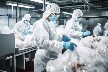 Workers in white protective uniforms and masks sort garbage on a conveyor belt. horizontal photoの素材