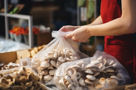 A woman packs mushrooms purchased at the market into a transparent fabric bag. Zero waste concept. horizontal photoの素材