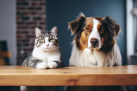 Serious cat and dog are sitting at the table in a minimalistic kitchen and waiting for food. horizontal photoの素材