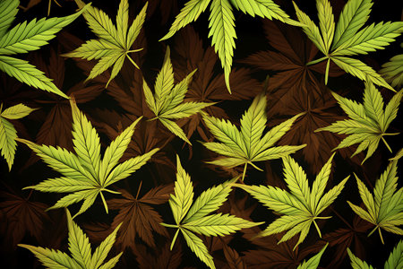 Marijuana leaf pattern. Cannabis engraving plant. Horizontal illustrationの素材