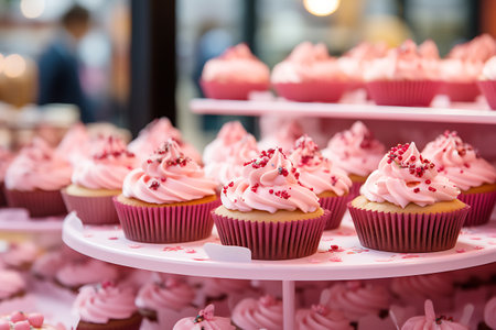 Pink cakes on a store window. horizontal photoの素材