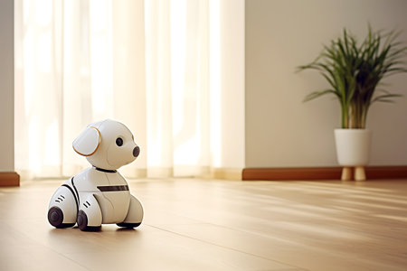 Small white robot dog in the living room interior. horizontal photoの素材