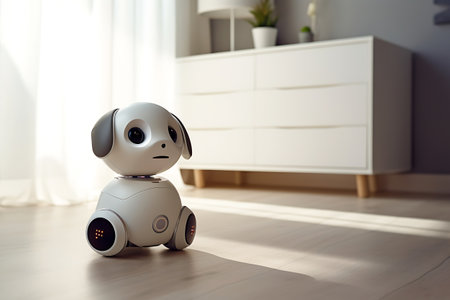 Small white robot dog in the interior of a living room. horizontal photoの素材