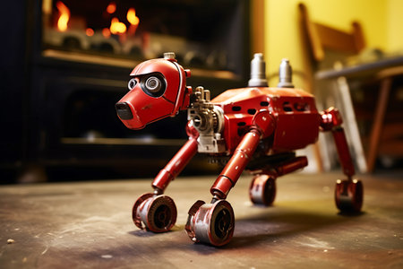 Fire robot dog made of red metal checks the gas density in the room. horizontal photoの素材