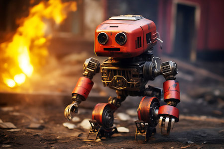 A firefighter robot made of red metal helps in extinguishing a fire. horizontal photoの素材