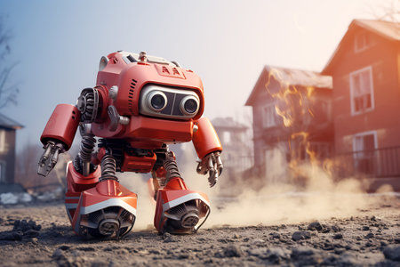 A firefighter robot made of red metal helps in extinguishing a fire. horizontal photoの素材