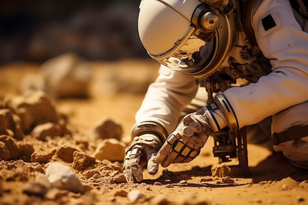 A humanoid robot takes soil samples on the planet Mars. horizontal photoの素材