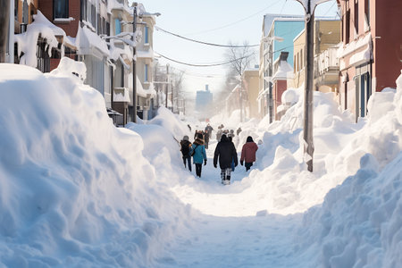 Huge snowdrifts on the city streets after a snowstorm. People have difficulty moving on the street. horizontal photoの素材