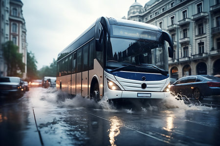 A city bus drives along a city street flooded as a result of a flood or storm. horizontal photoの素材