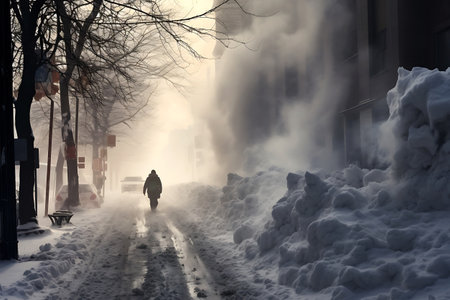 Snow storm and snowdrifts in the city. Hazardous weather conditions. horizontal photoの素材