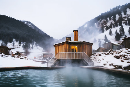 Hot thermal spring in the middle of snowy forest and mountains. Near the source there is a house built of wood. Travel concept to hot springs in winter. horizontal photoの素材