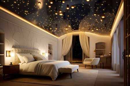 A bedroom with a starry ceiling, inviting the owner of the bedroom to dream.の素材
