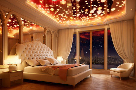 Classic interior in warm light of evening luxury bedroom with glowing star ceiling. horizontal photoの素材