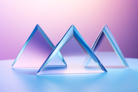 Three transparent triangles on a blue-pink gradient background. Pastel background. The illustration is three-dimensional and horizontal. Harmony and relaxation conceptの素材
