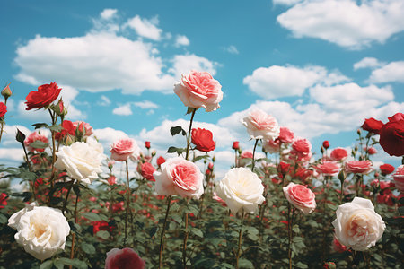 Delicate white and pink roses against a dynamic sky with white clouds. horizontal photoの素材
