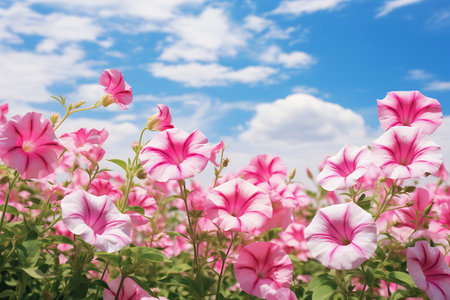 Bright pink petunias flourish under a sky with fluffy white clouds, indicating a vibrant spring dayの素材