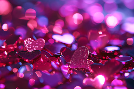 Red and pink heart shaped confetti with glitter under pink lighting. horizontal photoの素材