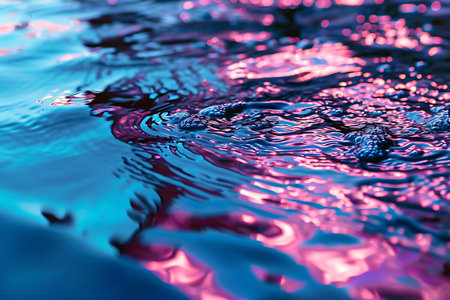 Water ripples reflecting a spectrum of blue to crimson hues. horizontal photoの素材