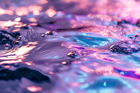 Close-up of a water surface with blue and pink reflections and ripplesの素材