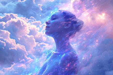 The woman, tinted purple, blends smoothly into the background of clouds and stardust, evoking a feeling of peace and unity with the Universeの素材