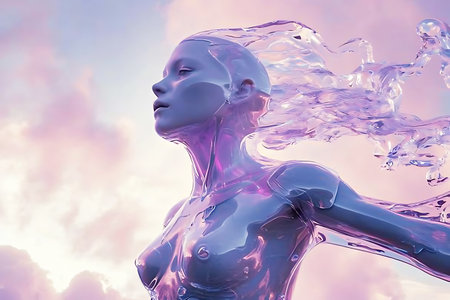 A woman's profile with a smooth translucent effect against a soft pastel sky conveys a sense of calm and introspection.の素材