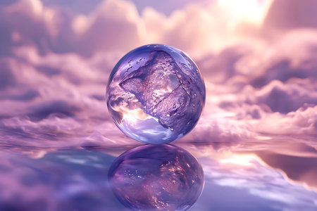 A clear crystal ball sits on a reflective surface, reflecting a vibrant sunset. The sphere distorts soft clouds and the light of the setting sun. Horizontal illustrationの素材