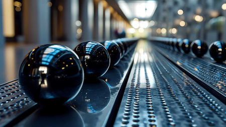 Rows of polished black spheres on a textured metal surface, reflecting the ambient light of a spacious hallway. Modern aesthetic concept inspired by the sphere.の素材