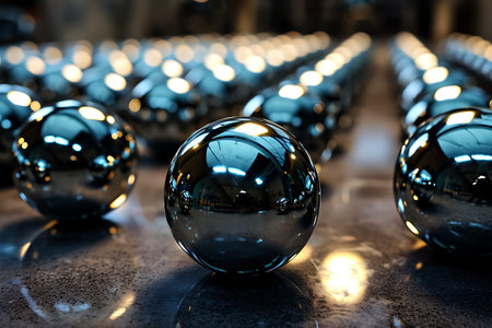 The chrome spheres are neatly aligned on a smooth surface. horizontal photoの素材