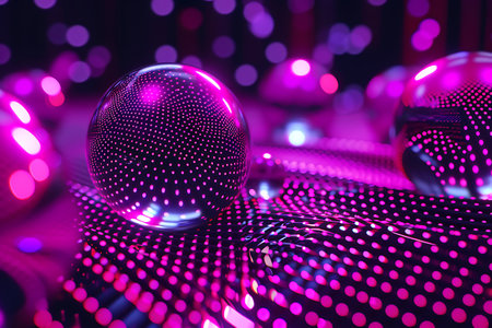 Glass spheres lie on a surface decorated with a matrix of pink neon dots, creating a visual illusion of depth and movement. The concept is inspired by the shapes of spheres and ballsの素材